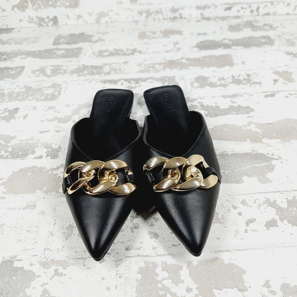 New Open Edit Kristina Black Faux Leather Chain Slip On Mules B21 - Picture 3 of 11